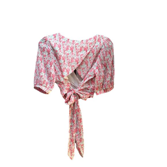 NWT Lulus Floral Puff Sleeve Wrap Crop Top With Back Tie Detail Summer Spring M - Picture 5 of 10